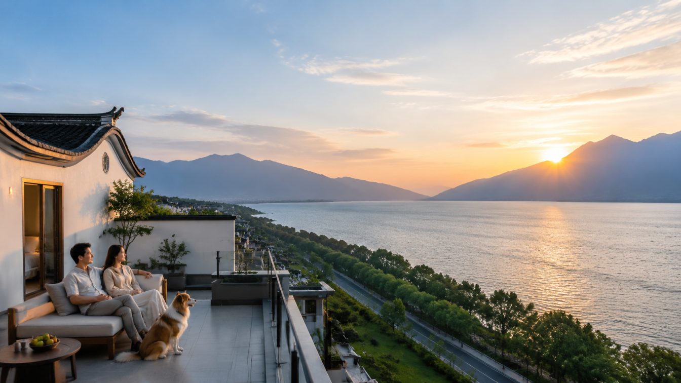 弥勒携宠住进洱海落日